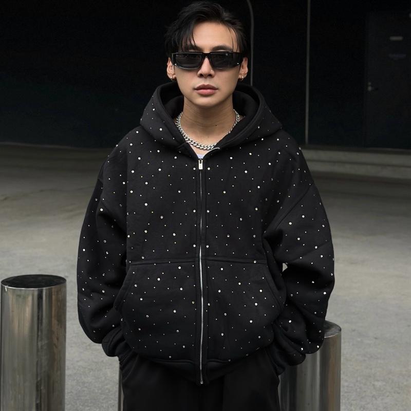 Áo Khoác ĐÍNH ĐÁ LẤP LA LẤP LÁNH chống nắng HOODIE ZIP Nỉ BÔNG 380gms Dáng Boxy Nam Nữ Unisex