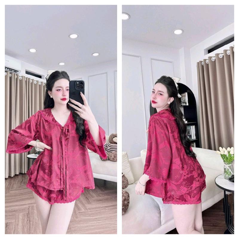 Bộ pijama mặc nhà tay loe quần đùi tiểu thư có túi ( chất liệu gấm) free size 40_70 kg
