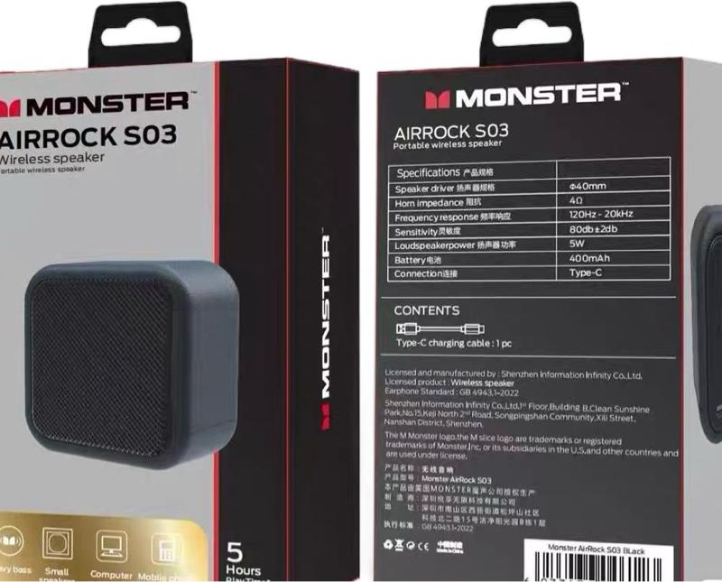 Monster Airrock S03 Loa Bluetooth Không Dây, Pin 400mAh, Kết Nối Type-C, Thời Gian Phát Âm 5 Giờ, Thiết Kế Portable