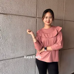 KAYA-Atasan Blouse Muslim Kaos Lengan Panjang 7/8 Model Ruffle Depan Lucu Simple  Basic Bahan Nyaman Cotton Combbad 30s