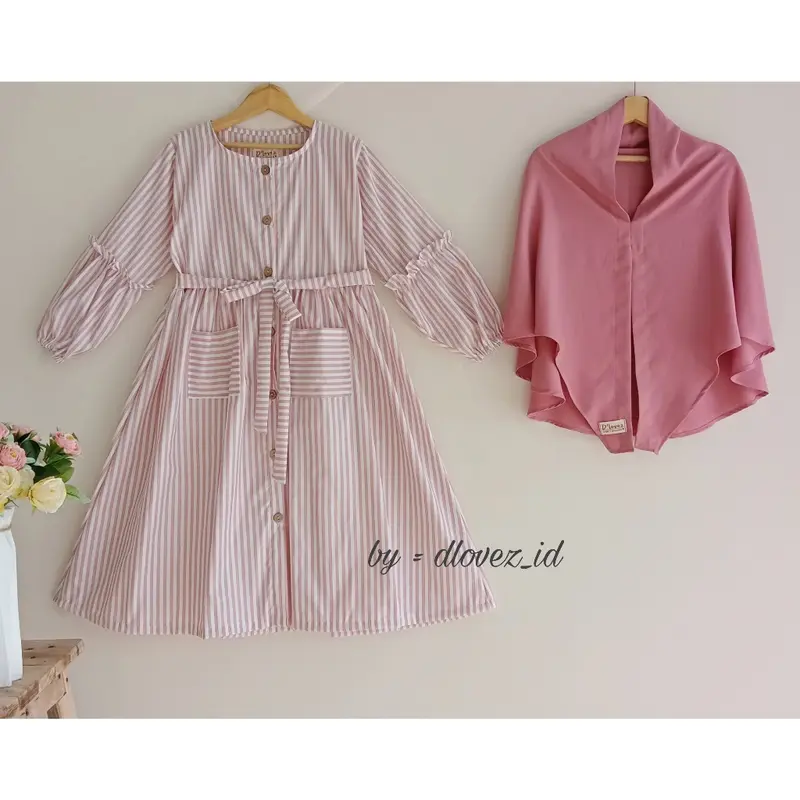 Gamis Anak 1-14 Tahun Set Gamis Anak Larissa Gamis Motif Salur Cantik Dress Katun Muslim Nyaman Panjang Kancing Rayon Baju Instan Setelan Simple 3