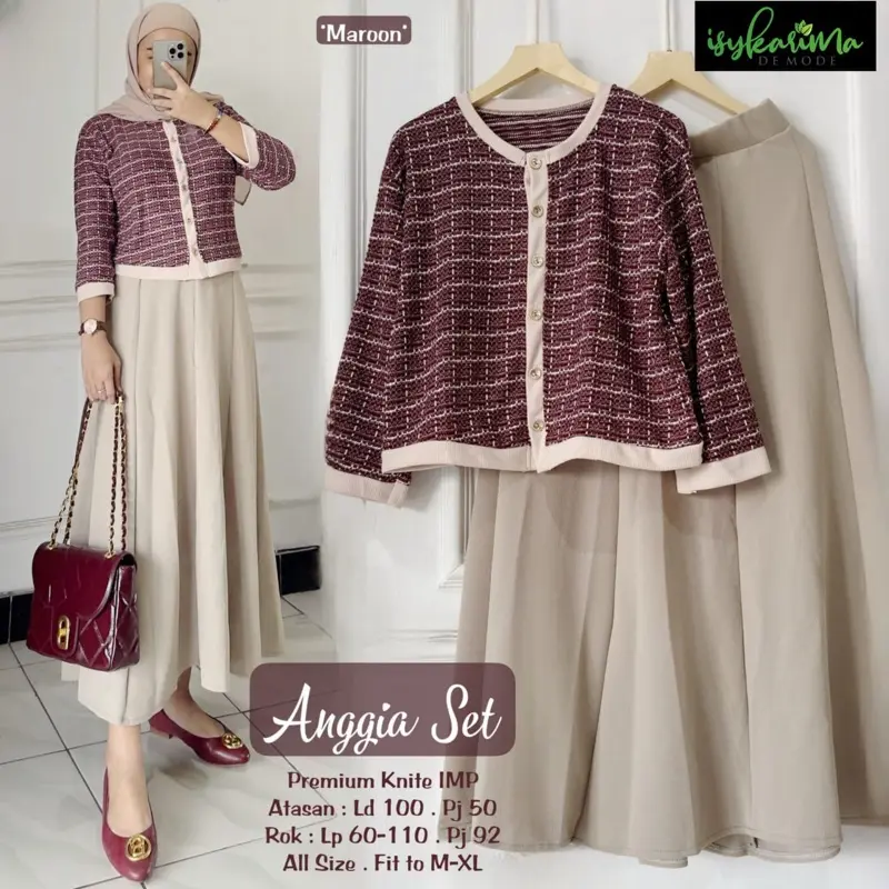 Oneset Rok Knit Outer Premium Syari Crop Top Wanita - Celana Atasan Casual Panjang Blazer Dewasa Baju Muslim Santai Nyaman Fit Setelan Pendek Bawahan Jilbab