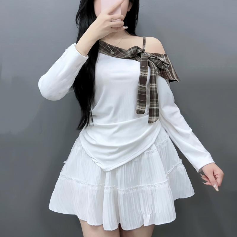 Sét Áo Trễ Vai Bigsize Nữ Tay Dài Phối Nơ Caro Mix Chân váy Sang Trọng – Che Khuyết Điểm Tốt 58-92kg A333+CV409