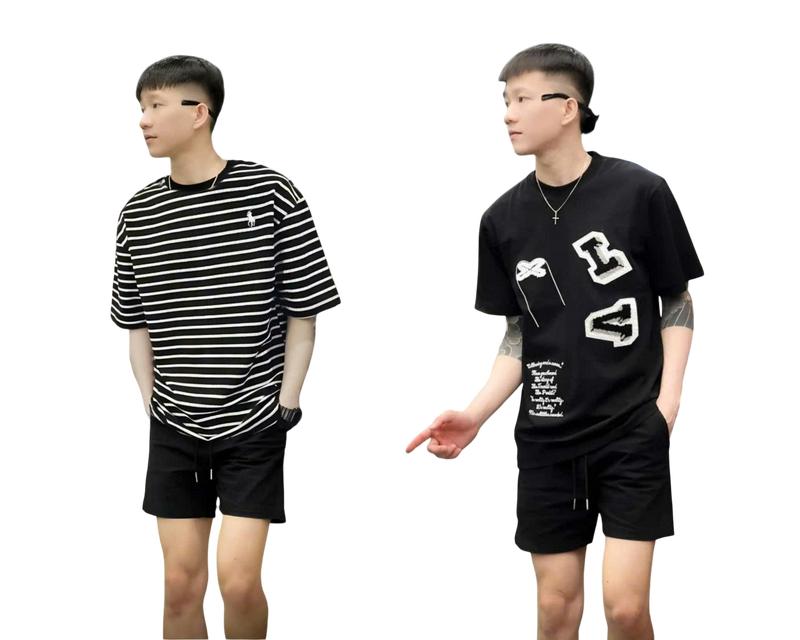 Sét Đồ Bộ Thun Nam Nữ Tạo Kiểu Kẻ Sọc In Chữ Thêu Logo Hiện Đại Boy Phố - Menswear Áo Cổ Tròn
