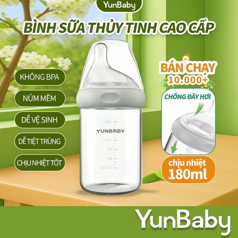 【Ưu đãi Yunbaby Bình sữa thủy tinh 180ml cao cấp Chống đầy hơi  Không BPA Van thông khí hạn chế bọt khí Núm ti mềm như ti mẹ Chất liệu an toàn, dễ vệ sinh Thủy tinh borosilicate chịu nhiệt cao, bền bỉ An toàn, không mùi, tiện lợi cho pha sữa & vệ sinh