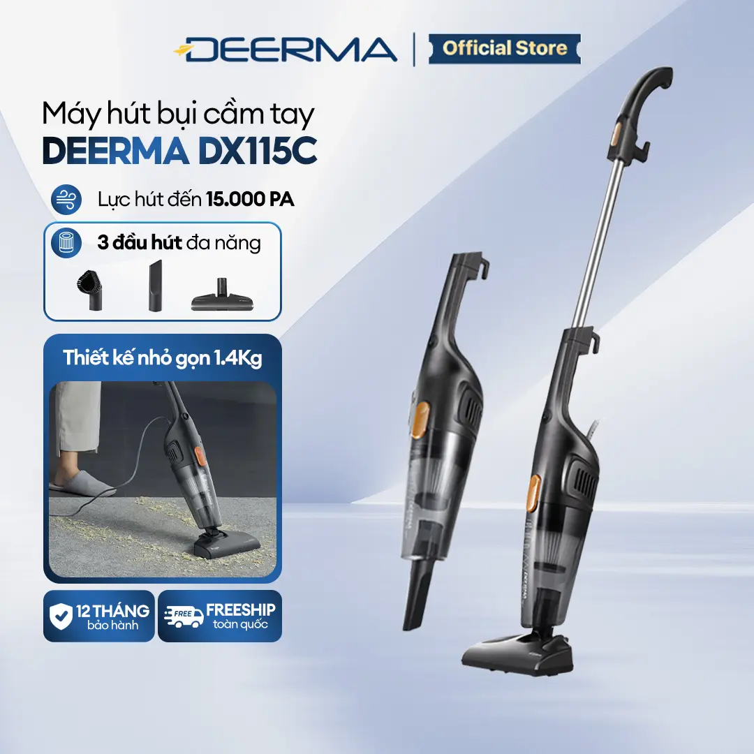 Máy hút bụi cầm tay Deerma DX115C kèm 3 đầu hút đa năng và 1 lõi lọc làm sạch - Bảo hành 12 tháng