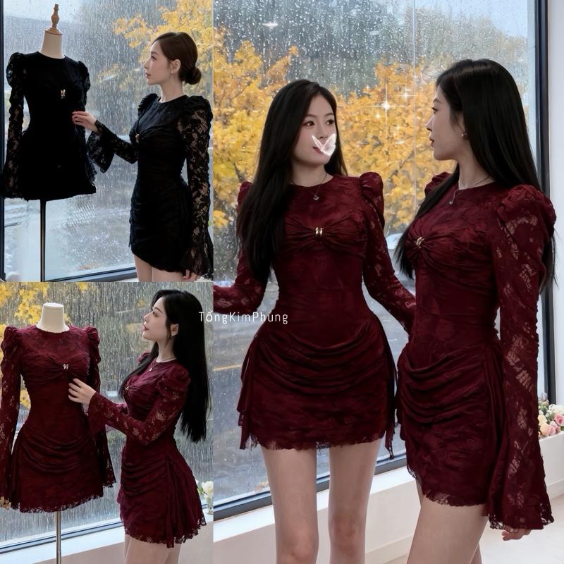 HÀNG CÓ SẴN ĐI ĐƠN LUÔN Đầm Ren Dự Tiệc Tay Loe Xoắn Ngực Kèm Tag Vàng Thiết Kế Sang Chảnh có kèm quần