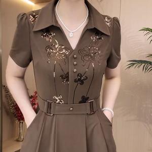 temperament women's short sleeve lapel a-line dresses filipinina modern plus size polo collar shirt dress women korean retro floral print v neck middle age mom Dresses fit and thin