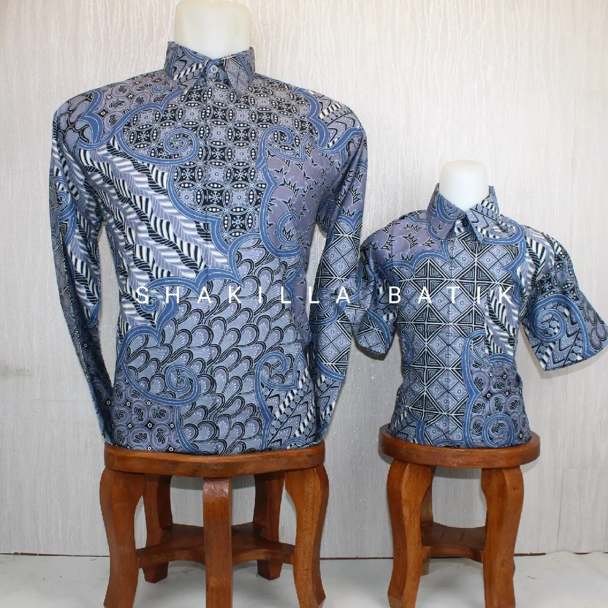 SH04. Kemeja Batik Pria Couple Ayah dan Anak Bahan Katun Premium Berfuring Warna Biru Denim