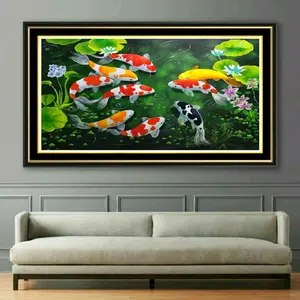 Hiasan Dinding uk50x100cm Lukisan Cetak 9 Ikan Koi Keberuntungan Plus Bingkai Elegan untuk Dekorasi Rumah