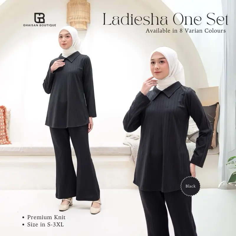 Ladiesha One Set || Satu Set Setelan Salur Knit Baju Berkerah dan Celana Panjang Semi Cutbray by Ghaisanboutique Atasan Karet Lembut Muslim Wanita Nyaman Dewasa Gamis
