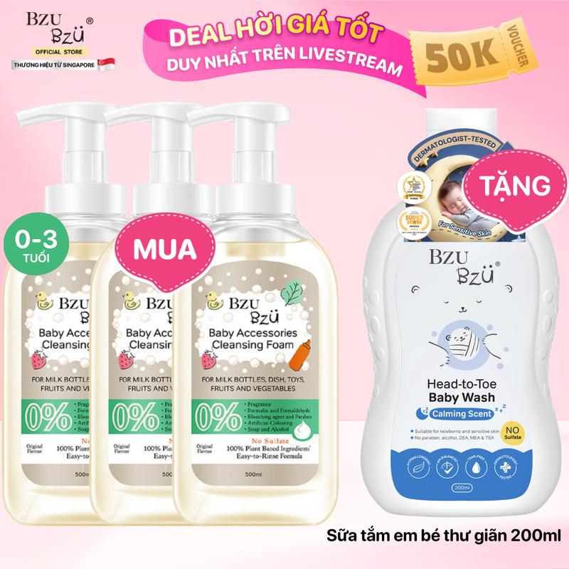 BZU BZU Combo 3 Chai Nước Rửa Bình Sữa 500ml & Dụng Cụ Em Bé Tạo Bọt 4 Công Dụng Thích Hợp Cho Bé Từ 0-3 Tuổi