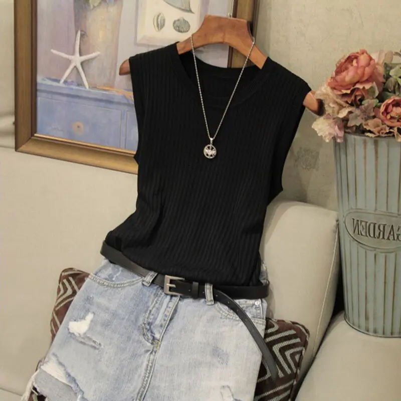 Women's inner round neck vest can be worn externally, women's T-shirt sleeveless knitted camisole top, loose base shirt, thin design Womenswear Lingerie Comfort