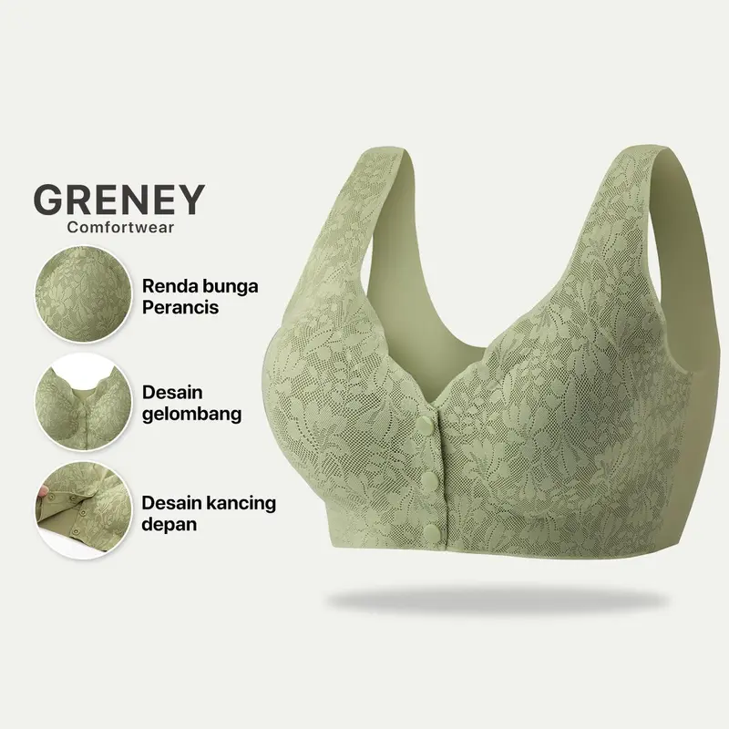 GRENEY L.W.L Bra Rompi Renda Pakaian Dalam Wanita Tipis Push Up Bh Sport Tanpa Kawat Kancing Depan Busa-89697 0