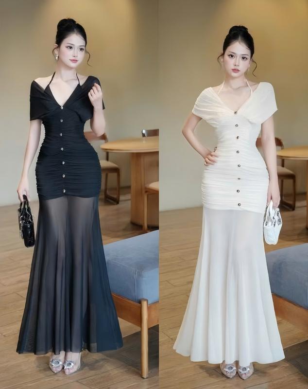 BIGSIZE HIẾU HIẾU 55-95KG - Váy body nữ thiết kế nhún phối cổ yếm đi tiệc sang chảnh D571