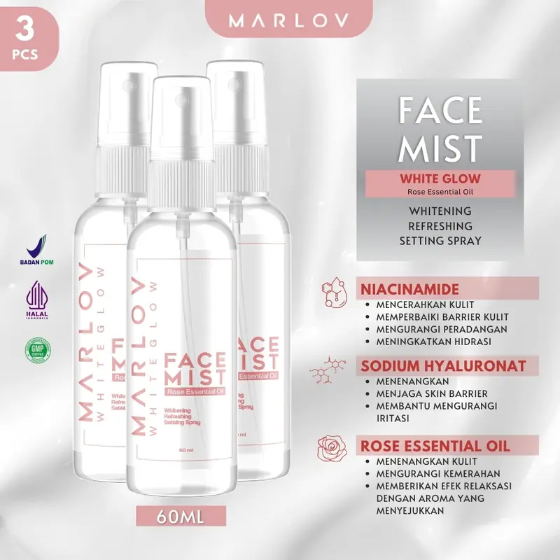 Marlov White Glow Face Mist 60ml Paket 3 pcs - Penyegar Wajah Multifungsi dengan Niacinamide, Sodium Hyaluronate, dan White Flowers 0