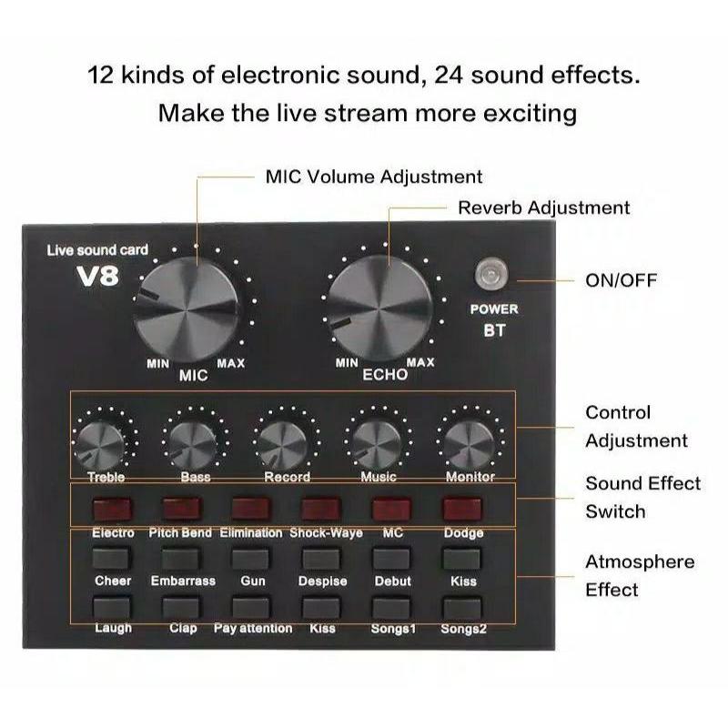 Soundcard Dan Mikrofon Kondenser Soundcard V8 Bluetooth Live Audio USB External 2