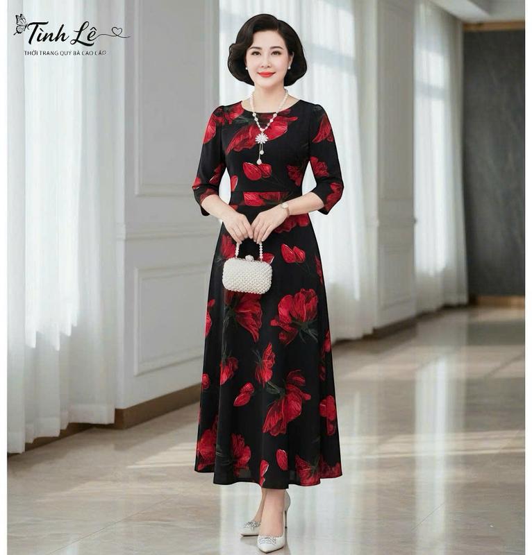 MÃ 598 : ĐẦM CỔ TRÒN DÁNG DÀI CC Nữ Women Dress TRUNG NIÊN CHO MẸ