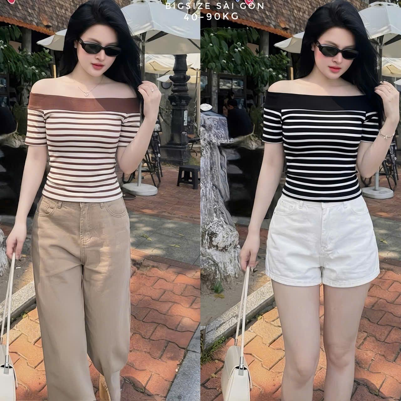 Áo Trễ Vai Tay Ngắn Nữ Rip Sọc Ôm Body Cá Tính Mềm Mịn Co Giãn Bigsize 45–85kg Dễ Thương Nữ Women Top Nhung – A.1730