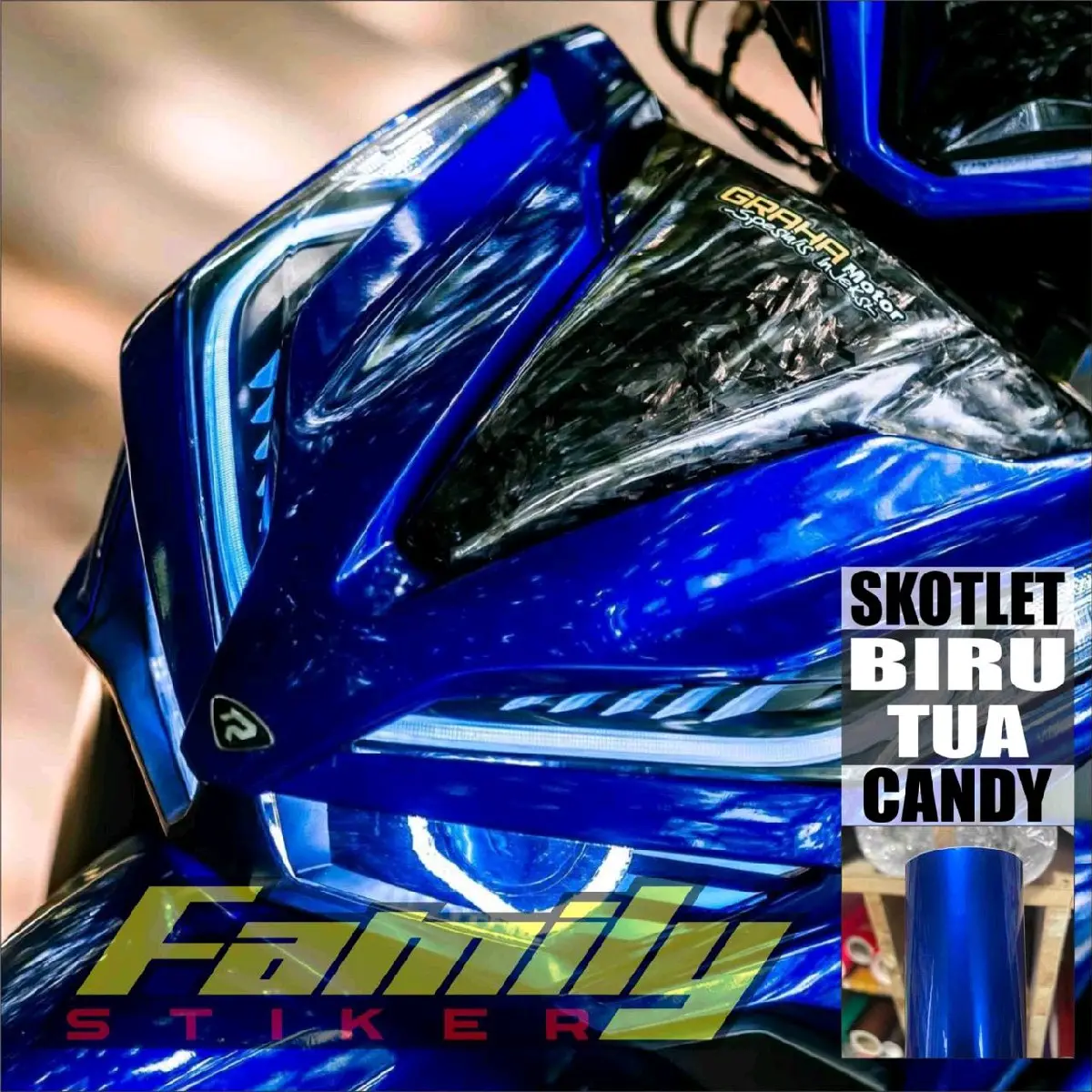 skotlet motor biru candy,skotlet motor warna biru candy,sticker biru candy,skotlet biru,skotlet biru candy lebar 45 cm