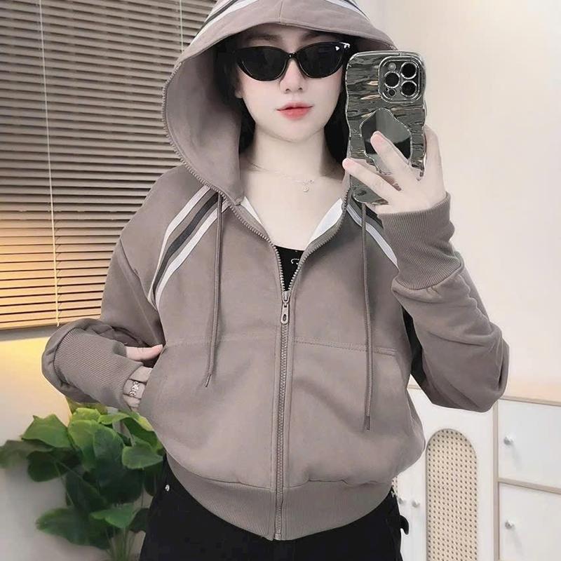  Áo Khoác Nữ Có Nón Phối Sọc Tay Kiểu Dáng Thời Trang  Phong Cách Hàn Trẻ Trung Năng Động Women Jacket Top 