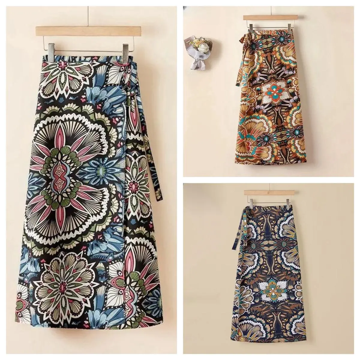 2025 New Bohemian Ethnic Style Wrap Around Skirt, High-Waist Floral A-Line Midi Skirt with Front Slit, Bodycon Fit for Summer, Perfect for Holidays, Stylish and Chic Women's Clothing