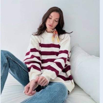 Sweater rajut oversize stripe-Diora premium Knitwear Atasan Wanita Motif Kerah Bulat Baju Fit 8