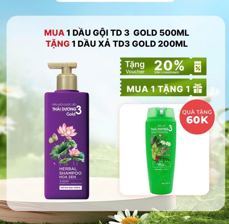 Combo Sale Mua 01 Dầu gội Thái Dương 3 hương Hoa Sen Gold 500ml tặng 01 Dầu xả Thái Dương 3 hương Hoa lá 200ml Gội Đầu Nữ