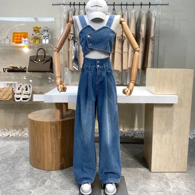 Áo Crop-Top Ngắn Bất Đối Xứng Thời Trang, Dễ Thương Và Gợi Cảm, Có Khóa Bên Hông, Dây Đeo Spaghetti Và Hai Khóa, Cạp Cao, Dáng Rộng Vừa Vặn, Quần Dài Ống Rộng Thường Ngày