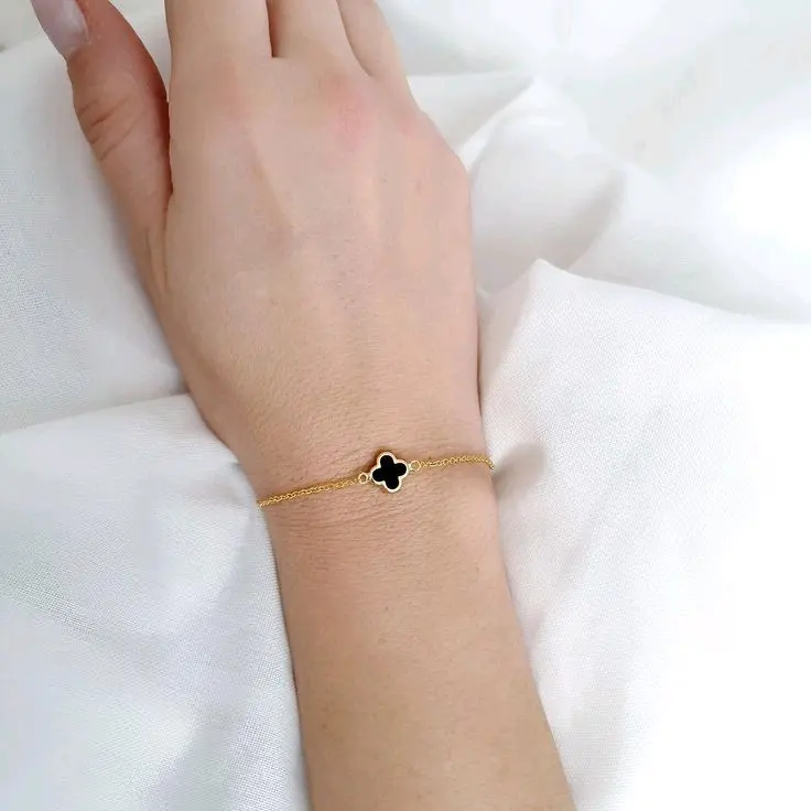 [HANO Accessories] - Gelang Rantai Clover Black White Titanium Rose Gold / Gelang Korean Style / Gelang Fashion Clover Two Tone / Clover Bracelet / Gelang Titanium Trendy Korean Fashion Cantik