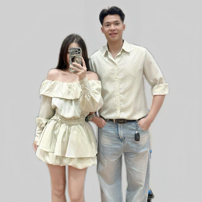   S - 78  Set đồ đôi nam nữ couple váy jum trễ vai dài tay dáng xoè bo chun eo và áo sơmi nam cổ bẻ tay dài  set đồ đôi mặc đi chơi với người yêu cặp 