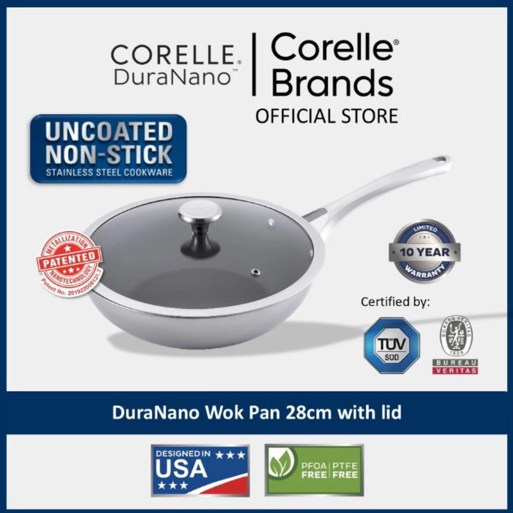 CORELLE DuraNano 28cm Wok Pan with Lid - Uncoated Non-Stick