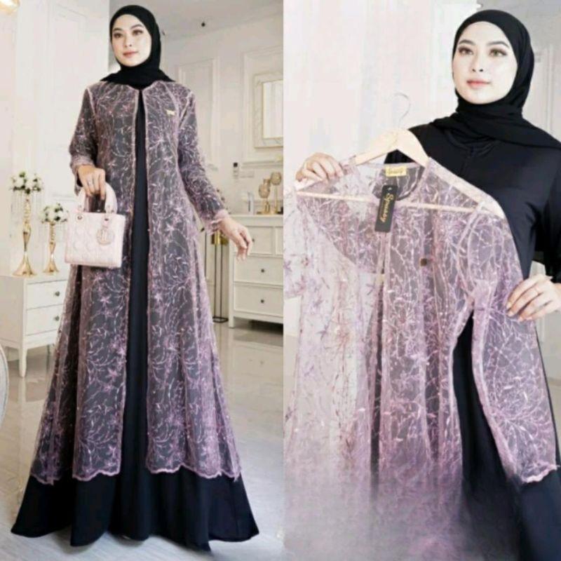 outer cardigan gamis brukat tule lengan panjang kekinian 1