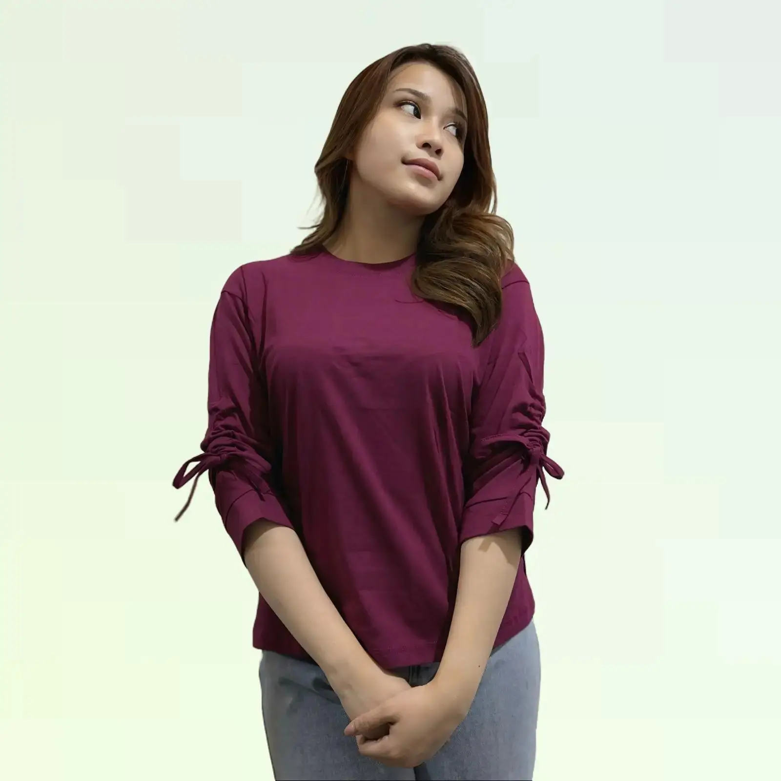 Cod Atasan Wanita Terlaris Kaos Lengan Panjang 7/8 Minaka Serut Pita Tali Bahan Cotton Combed