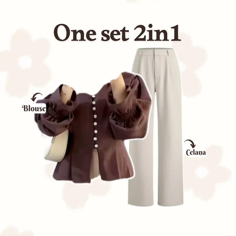 one set 3in1 Korean Style ( Blouse Lengan Balon + Celana Ivory + Tas Bahu + Hijab aesthetic DM053N Basic Fit Katun Muslim Panjang Setelan Wanita Baju Casual Kerja 1