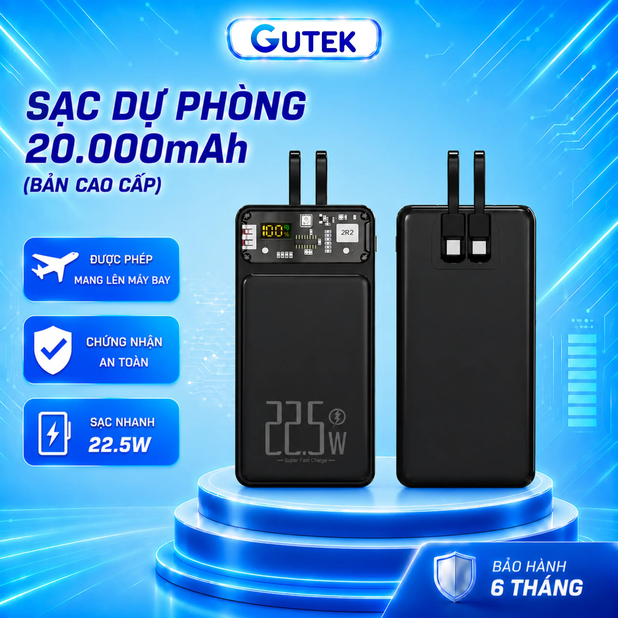 [Tặng sạc 4 trong 1] Pin Sạc dự phòng 20000mah sạc nhanh 22,5W có sẵn dây cho điện thoại - Gutek DX160