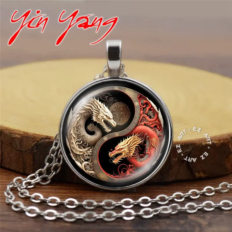 Kalung Liontin Yin Yang Art Kaca Cembung Tali Kulit Rantai Stainless Steel 0