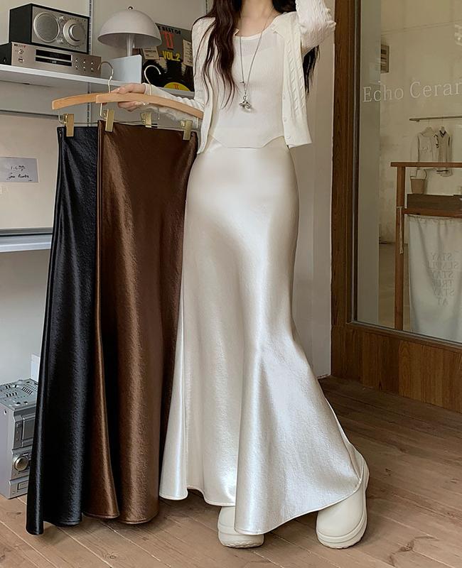 DELIZ - Chân váy lụa dáng dài đuôi cá cạp cao chất lụa ruby cao cấp CV33