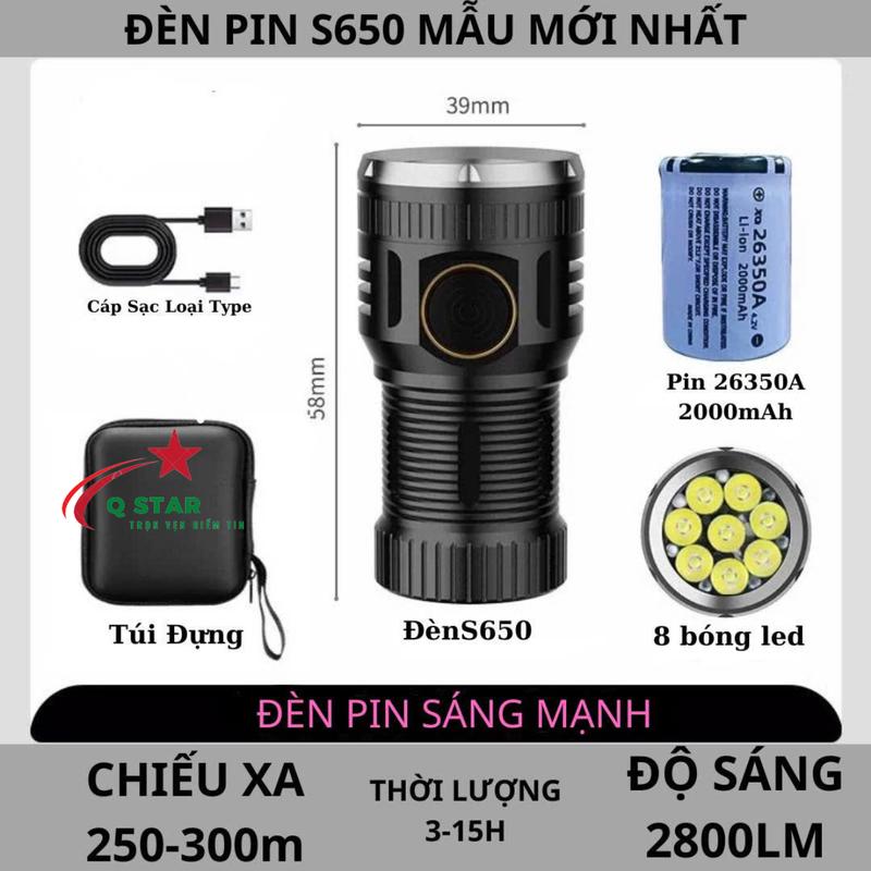  Đèn Pin Mini Siêu Sáng S650 Trang Bị 8 Led XHP360S Chiếu Toả Có Nam Châm Đuôi Kèm Pin 26350 DL 2000mah 