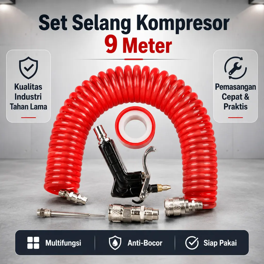 Selang Spiral Kompresor 9M + Nozzle & Connector Set Kit Selang Kompresor Angin Multifungsi Isi Ban & Semprot Debu Panjang 9 Meter, Jangkau Lebih Luas untuk Berbagai Kebutuhan