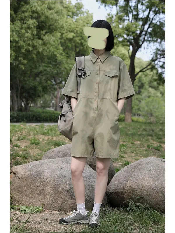 ESOM ROMPER WITH POCKET DETAIL UTILITY TWILL PLAYSUIT LOOSE WIDE LEG SHORT SLEEVE KOREAN STYE 4