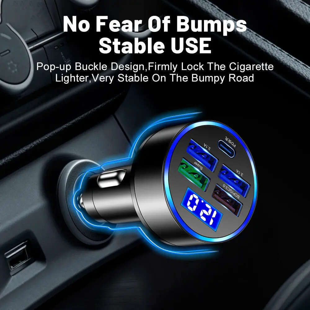 AYOOOLLARIZSS!! Pengisi daya cepat ponsel mobil,Adapter Charger Mobil 5 Port 150W pengisi daya mobil pengisian daya Cepat PD QC3.0 Tipe-c Fast Charging Untuk Iphone / Android