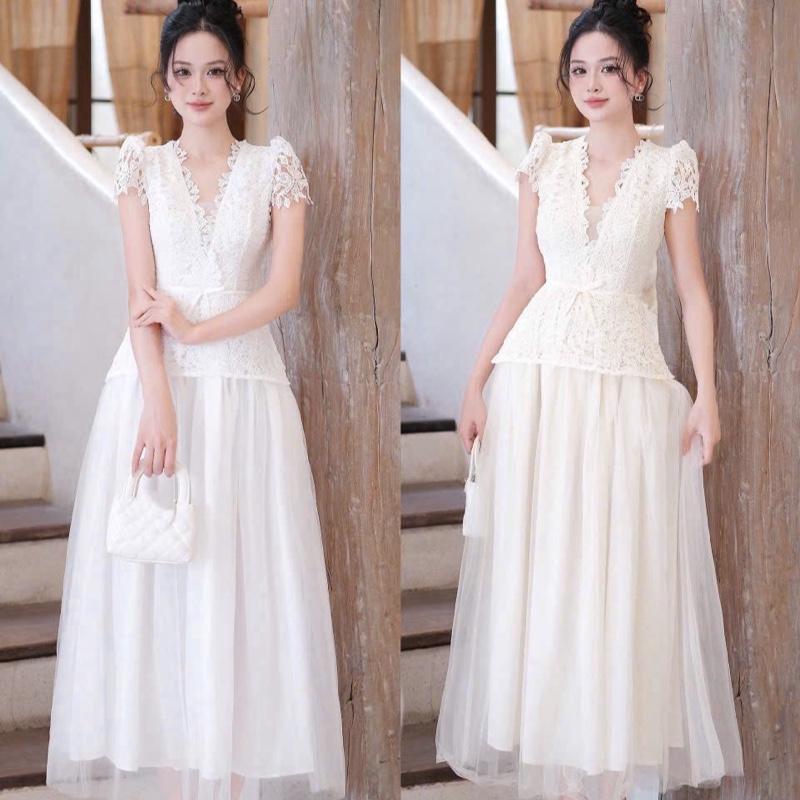    MiAn Dress   Váy ren sợi hoa lá cổ v phối chân lưới dài   A637  Chất liệu ren cao cấp lưới 