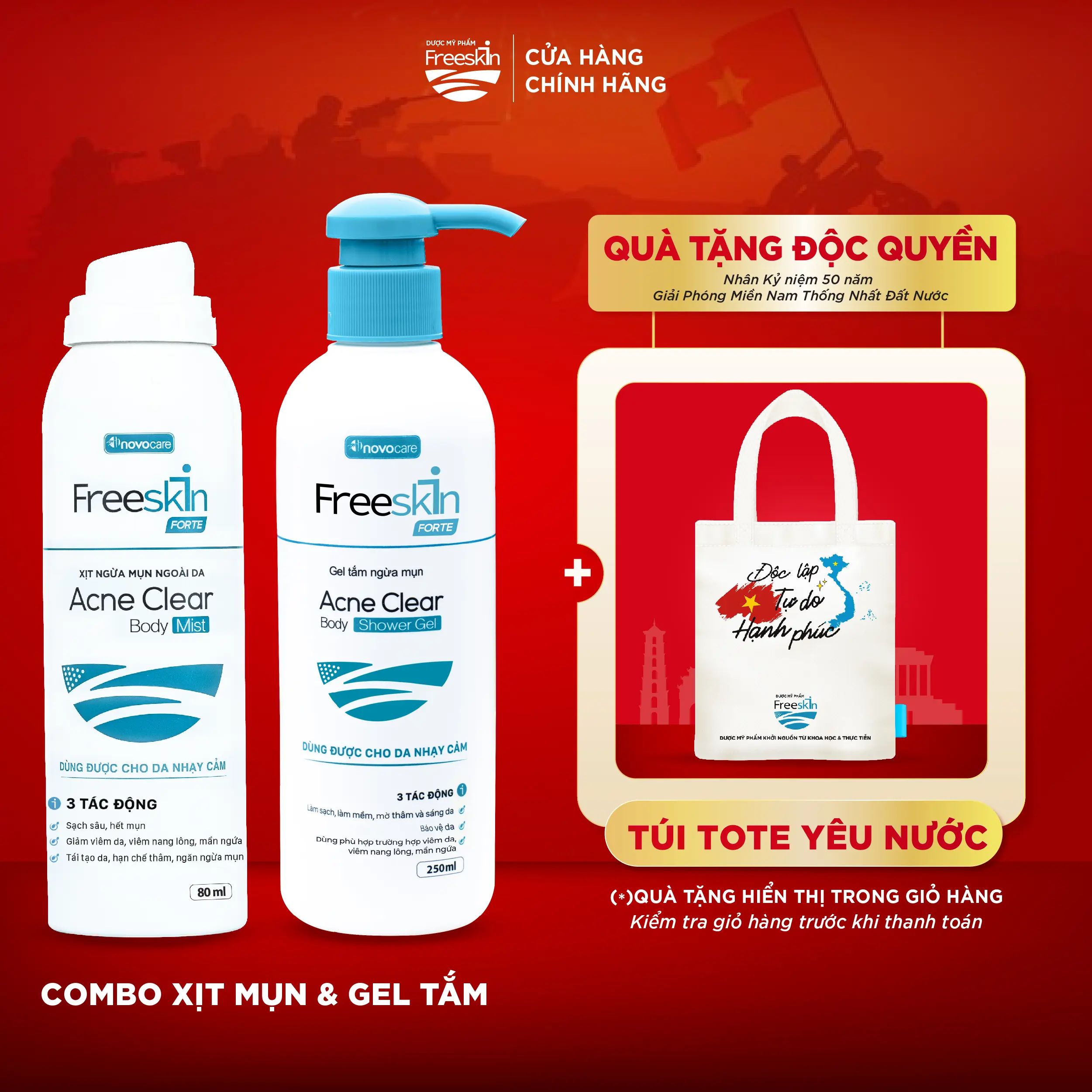 Combo Xịt mụn Freeskin Acne Clear Body Mist 80ml và Gel tắm Freeskin Acne Clear Body Shower Gel 250ml