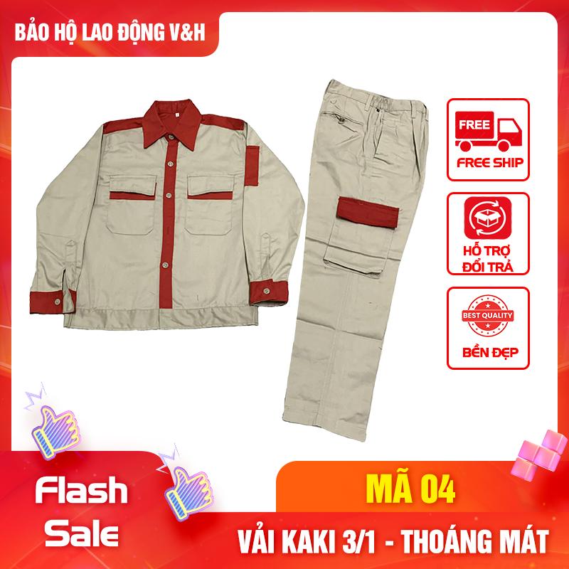 Bộ Quần Áo Bảo Hộ Lao Động Nam Dài Tay Mã 04 - Có Cổ Quần Túi Hộp Vải Kaki 3 1 Dày Dặn Bền Bỉ Thoáng Mát Chống Nắng Nóng Tốt Jean Sơ Mi