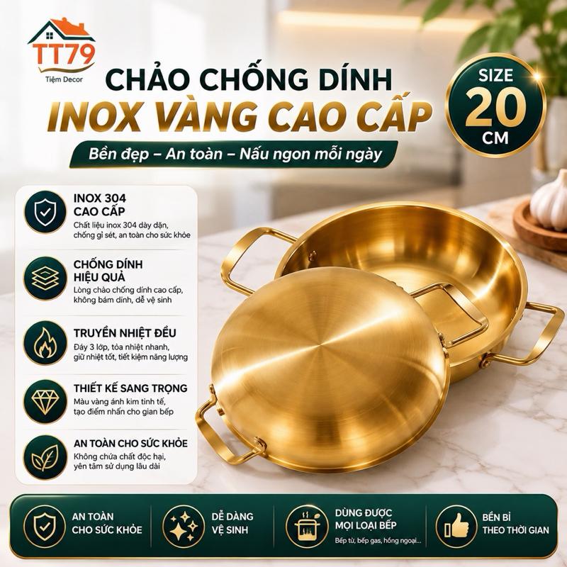 Combo 2 cái chảo inox mạ màu vàng size 20cm không gỉ sét