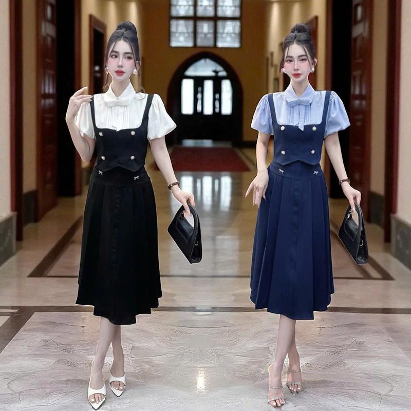 Set áo váy CRAZYTEEN S6405 gồm áo kiểu tay ngắn và chân váy để đi chơi ( Áo kiểu/ Chân váy/ Tag cài ) Set đồ nữ đẹp