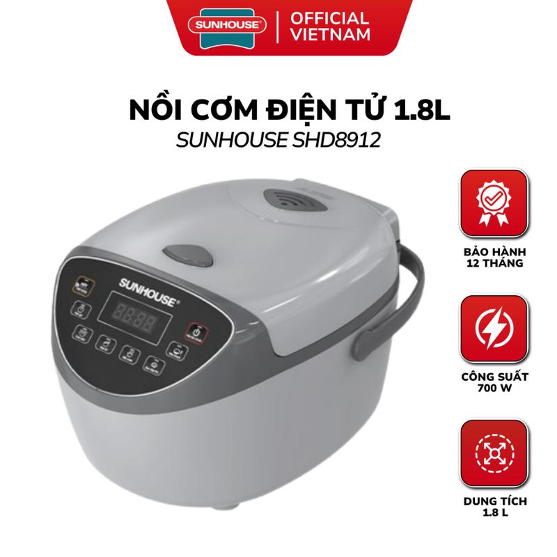 Nồi Cơm Điện Tử 1,8L Sunhouse SHD8912 Màu Xám, Lòng Nồi Hợp Kim Nhôm Phủ Chống Dính Whitford, Bảo Hành 12 Tháng
