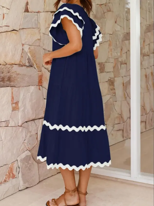 【Plus Size】 Colorblock Print V Neck Dress, Elegant Layered Hem Flutter Sleeve Vneck A Line Dress for Summer, Women's Clothing for Daily Wear, Plus Size Dresses, Womenswear 4