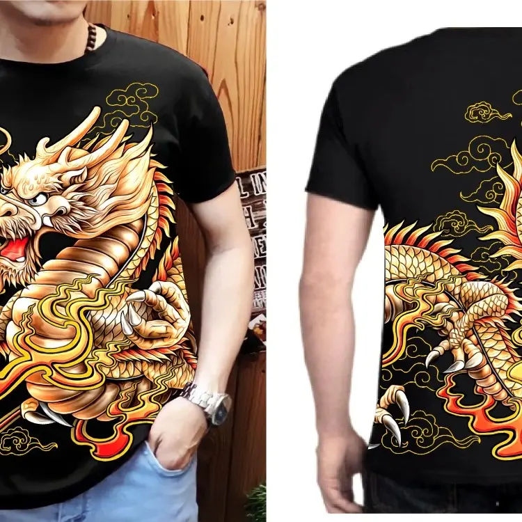 BERTON T-SHIRT KAOS DISTRO PRIA MOTIF NAGA EMAS DEPAN BELAKANG FULL GAMBAR
